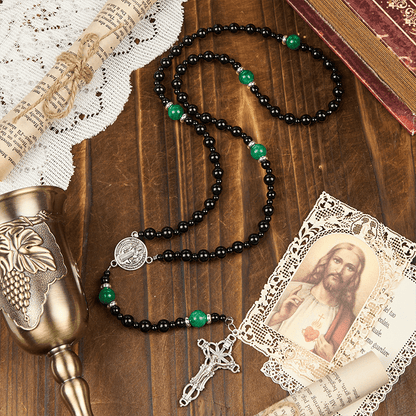AMUSOUL St. Benedict & Crucifix of 8mm Obsidian & Jade Handmade Bead Rosary - Faith and Sacred Connection