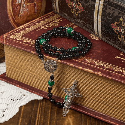 AMUSOUL St. Benedict & Crucifix of 8mm Obsidian & Jade Handmade Bead Rosary - Faith and Sacred Connection
