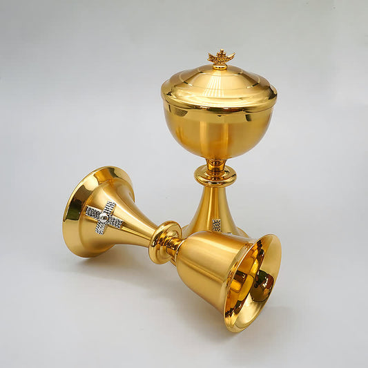 AMUSOUL  Exquisite Gold-Tone Cross-Adorned Chalice and Pyx  - Divine Vessels for Sacred Communion