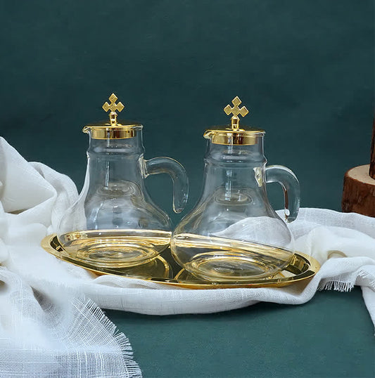 AMUSOUL  Elegant Brass-Trimmed Glass Cruet Set with Cross Motif - Traditional Worship Accessories