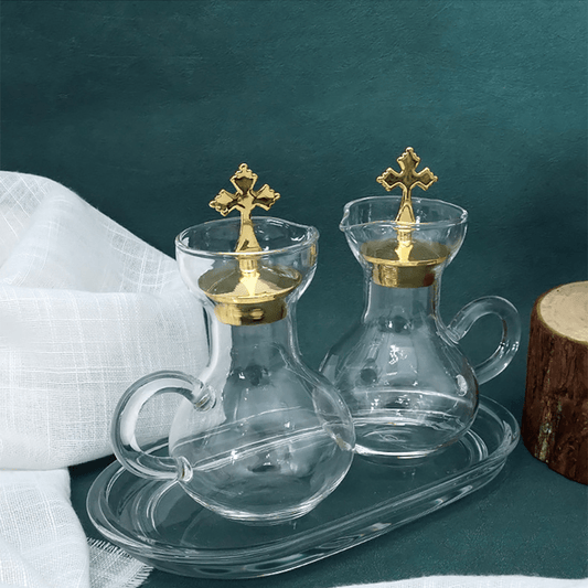 AMUSOUL  Graceful Gold-Accented Glass Cruet Set with Cross - Exquisite Sacramental Serveware