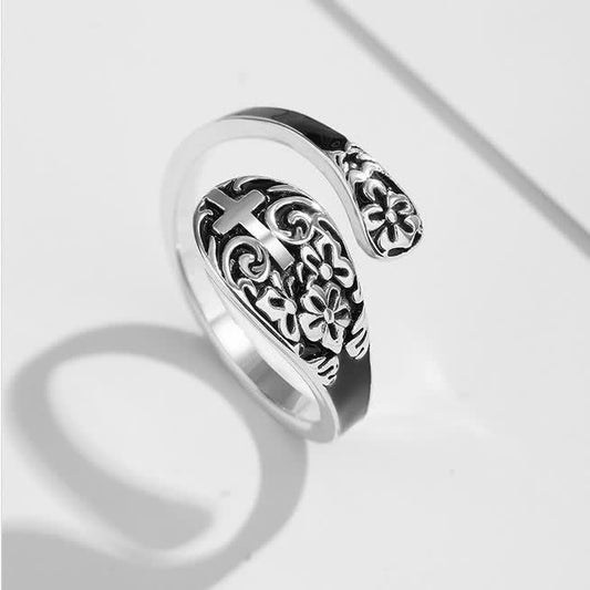AMUSOUL  Adjustable 925 Sterling Silver Engraved Cross Ring - Elegance in Devotion
