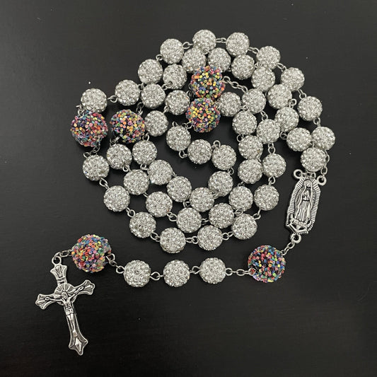 AMUSOUL Our Lady of Guadalupe & Crucifix of 10mm Round White Rhinestone Alloy Chain Rosary