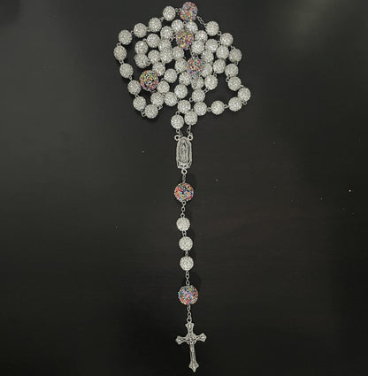 AMUSOUL Our Lady of Guadalupe & Crucifix of 10mm Round White Rhinestone Alloy Chain Rosary