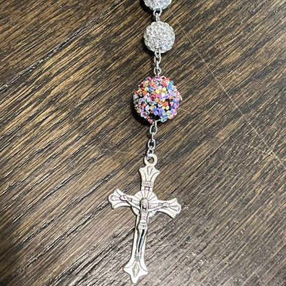 AMUSOUL Our Lady of Guadalupe & Crucifix of 10mm Round White Rhinestone Alloy Chain Rosary