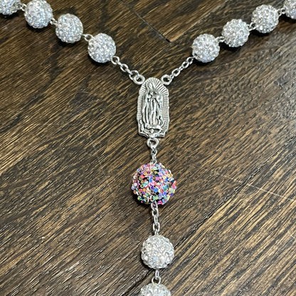 AMUSOUL Our Lady of Guadalupe & Crucifix of 10mm Round White Rhinestone Alloy Chain Rosary