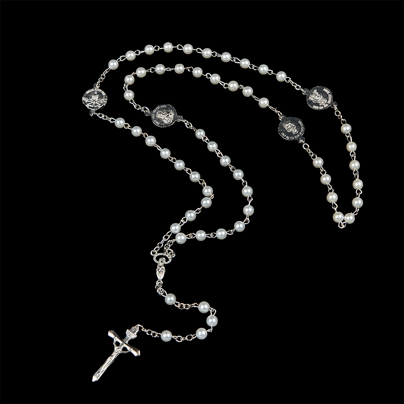 AMUSOUL Crucifix & Our Lady of 8mm Pearl Prayer Beads Rosary (3 Colors)