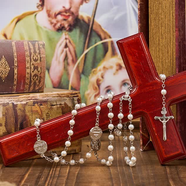 AMUSOUL Crucifix & Our Lady of 8mm Pearl Prayer Beads Rosary (3 Colors)