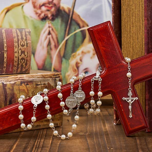 AMUSOUL Crucifix & Our Lady of 8mm Pearl Prayer Beads Rosary (3 Colors)