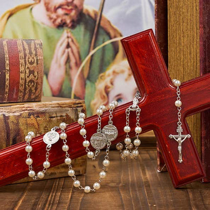 AMUSOUL Crucifix & Our Lady of 8mm Pearl Prayer Beads Rosary (3 Colors)