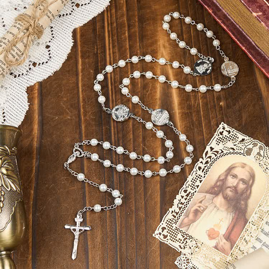 AMUSOUL Crucifix & Our Lady of 8mm Pearl Prayer Beads Rosary (3 Colors)
