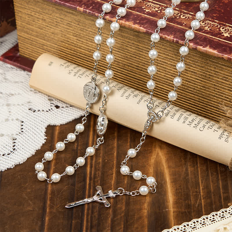 AMUSOUL Crucifix & Our Lady of 8mm Pearl Prayer Beads Rosary (3 Colors)