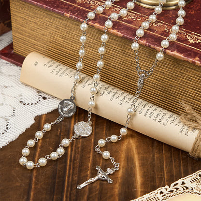 AMUSOUL Crucifix & Our Lady of 8mm Pearl Prayer Beads Rosary (3 Colors)