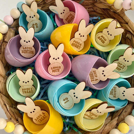 AMUSOUL  Easter Egg Filler - Engraved Bunny Shaped Easter Egg Filler Tokens with Activities