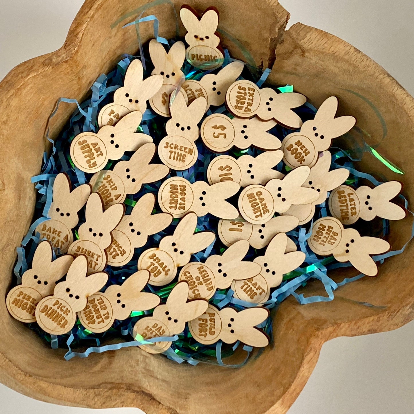 AMUSOUL  Easter Egg Filler - Engraved Bunny Shaped Easter Egg Filler Tokens with Activities
