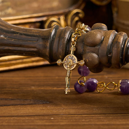 AMUSOUL Our Lady of Guadalupe & Crucifix of 8mm Round Purple Crystal Rosary