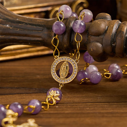 AMUSOUL Our Lady of Guadalupe & Crucifix of 8mm Round Purple Crystal Rosary