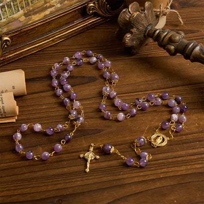 AMUSOUL Our Lady of Guadalupe & Crucifix of 8mm Round Purple Crystal Rosary