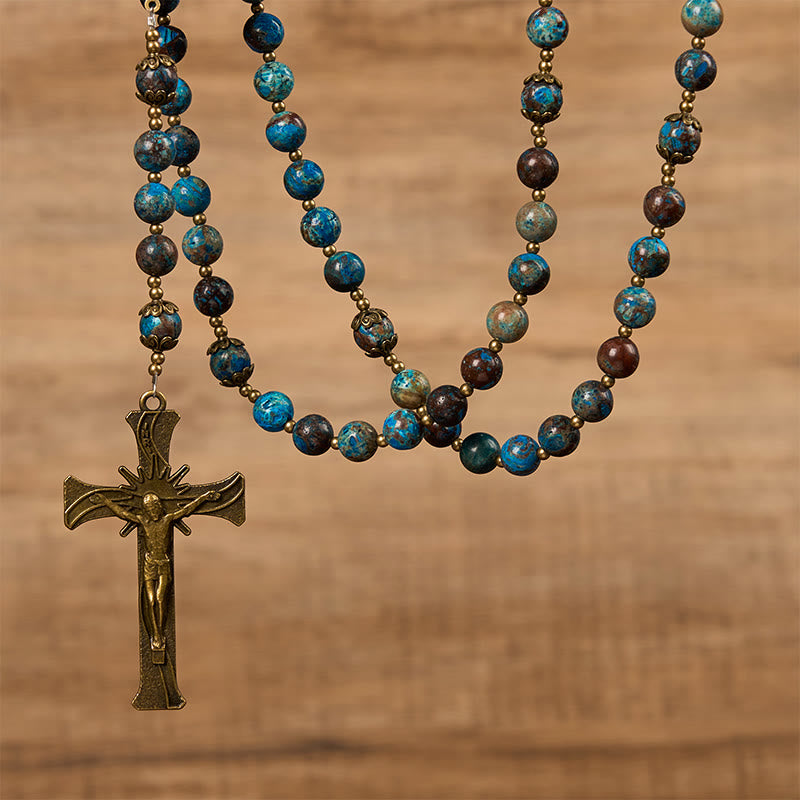 AMUSOUL Blue Pattern Beads Handmade Rosary: Miraculous Medal & Crucifix of 8mm Authentic Larimar Stone