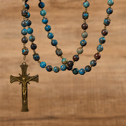 AMUSOUL Blue Pattern Beads Handmade Rosary: Miraculous Medal & Crucifix of 8mm Authentic Larimar Stone
