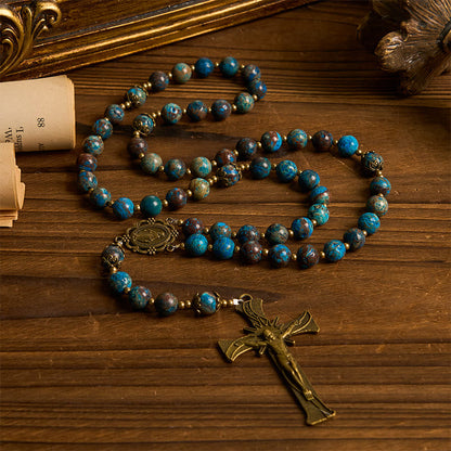 AMUSOUL Blue Pattern Beads Handmade Rosary: Miraculous Medal & Crucifix of 8mm Authentic Larimar Stone