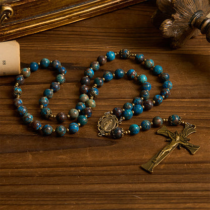 AMUSOUL Blue Pattern Beads Handmade Rosary: Miraculous Medal & Crucifix of 8mm Authentic Larimar Stone