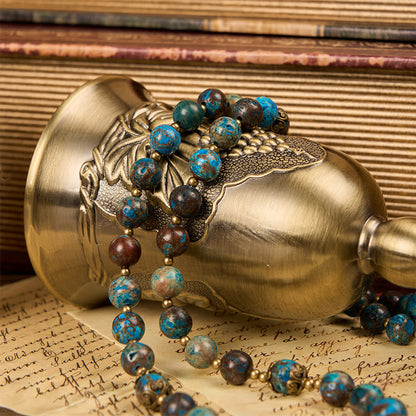 AMUSOUL Blue Pattern Beads Handmade Rosary: Miraculous Medal & Crucifix of 8mm Authentic Larimar Stone
