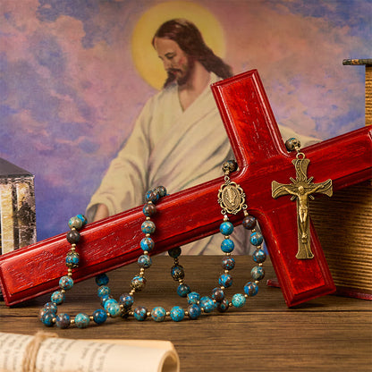 AMUSOUL Blue Pattern Beads Handmade Rosary: Miraculous Medal & Crucifix of 8mm Authentic Larimar Stone