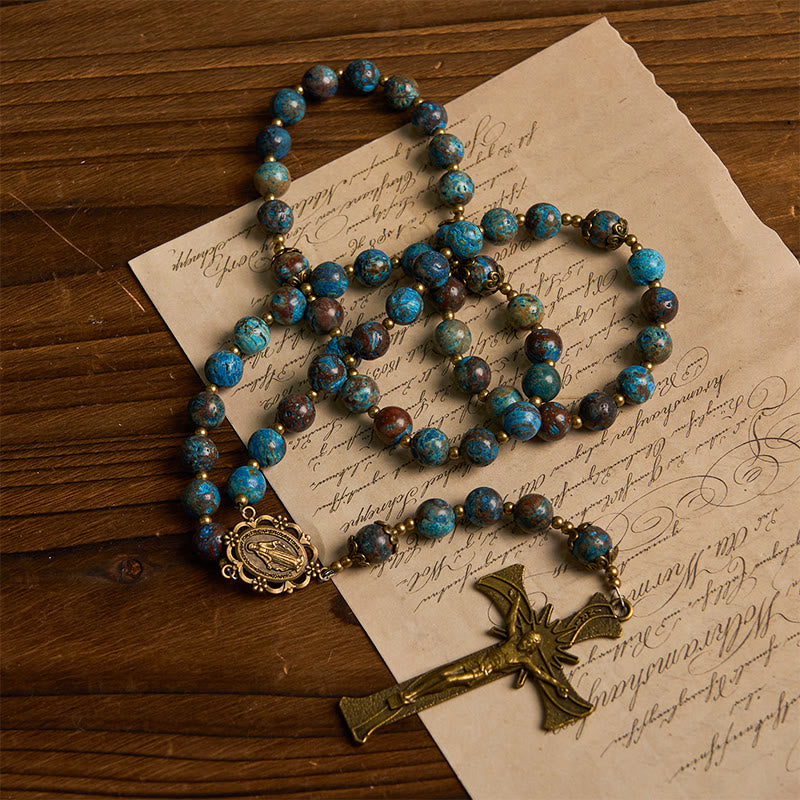 AMUSOUL Blue Pattern Beads Handmade Rosary: Miraculous Medal & Crucifix of 8mm Authentic Larimar Stone