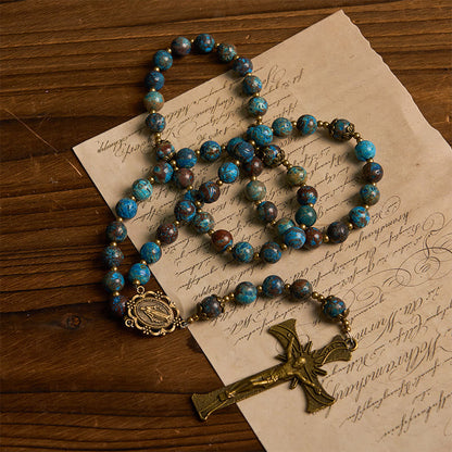 AMUSOUL Blue Pattern Beads Handmade Rosary: Miraculous Medal & Crucifix of 8mm Authentic Larimar Stone