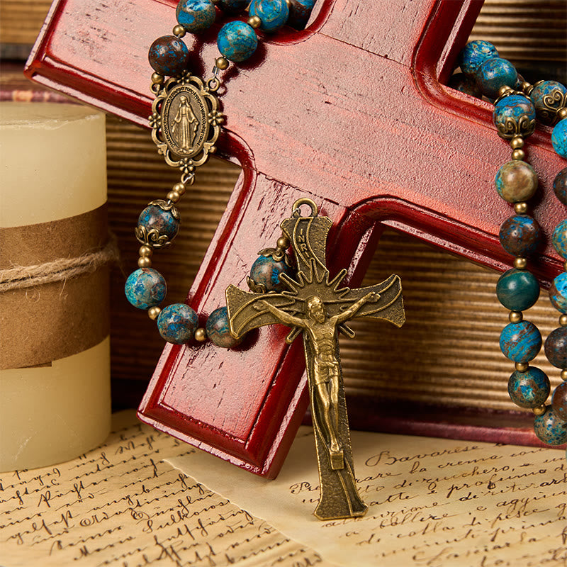 AMUSOUL Blue Pattern Beads Handmade Rosary: Miraculous Medal & Crucifix of 8mm Authentic Larimar Stone