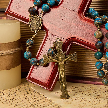 AMUSOUL Blue Pattern Beads Handmade Rosary: Miraculous Medal & Crucifix of 8mm Authentic Larimar Stone