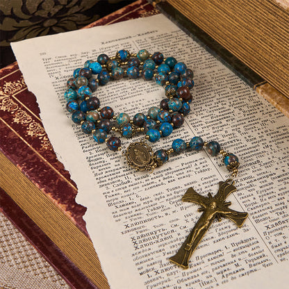 AMUSOUL Blue Pattern Beads Handmade Rosary: Miraculous Medal & Crucifix of 8mm Authentic Larimar Stone