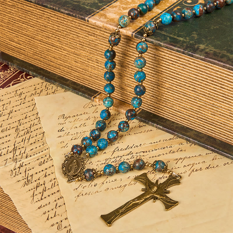 AMUSOUL Blue Pattern Beads Handmade Rosary: Miraculous Medal & Crucifix of 8mm Authentic Larimar Stone