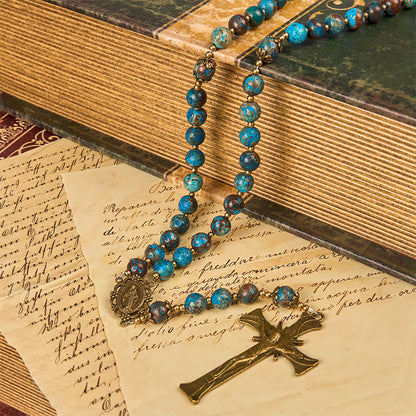 AMUSOUL Blue Pattern Beads Handmade Rosary: Miraculous Medal & Crucifix of 8mm Authentic Larimar Stone