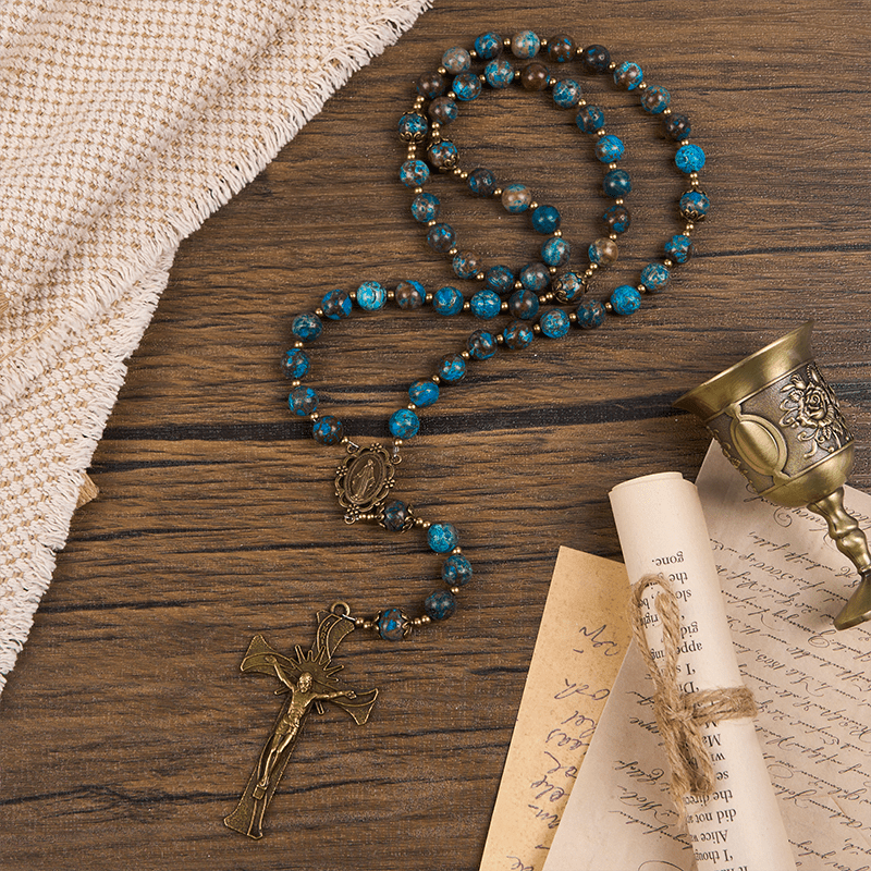 AMUSOUL Blue Pattern Beads Handmade Rosary: Miraculous Medal & Crucifix of 8mm Authentic Larimar Stone