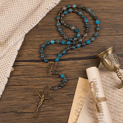 AMUSOUL Blue Pattern Beads Handmade Rosary: Miraculous Medal & Crucifix of 8mm Authentic Larimar Stone