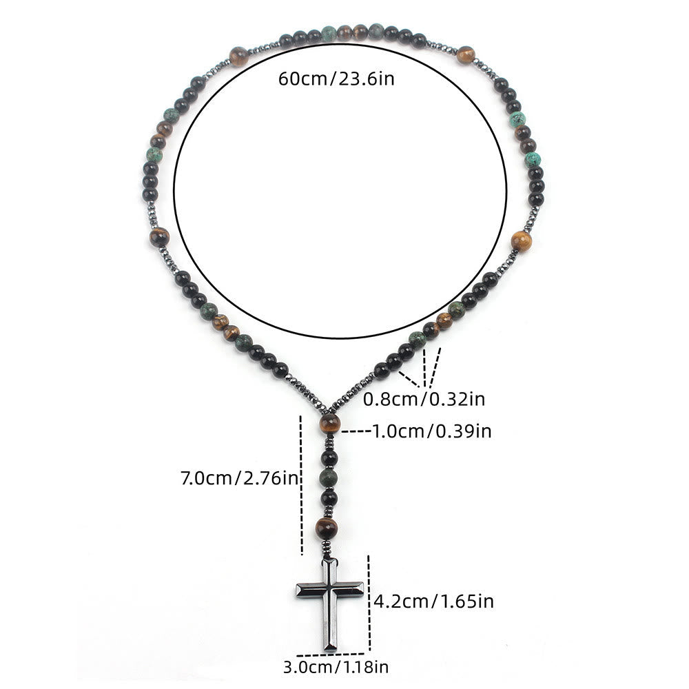 AMUSOUL 8mm African Turquoise & Yellow Tiger Eye Stone Prayer Rosary