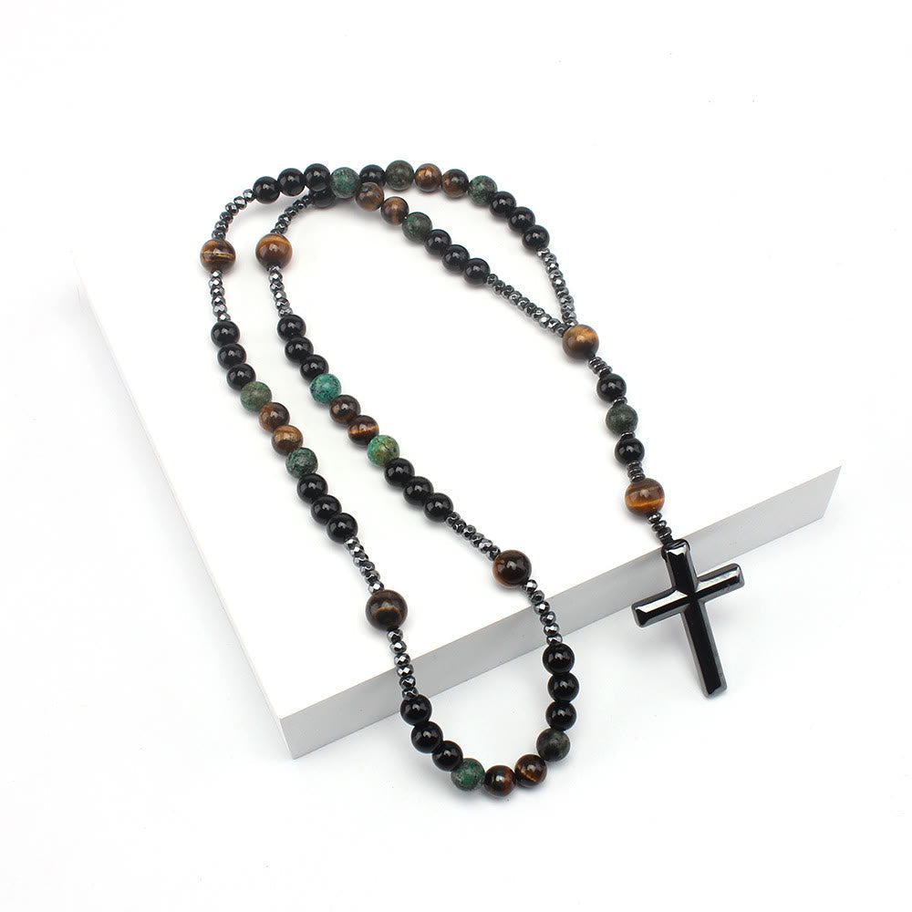 AMUSOUL 8mm African Turquoise & Yellow Tiger Eye Stone Prayer Rosary
