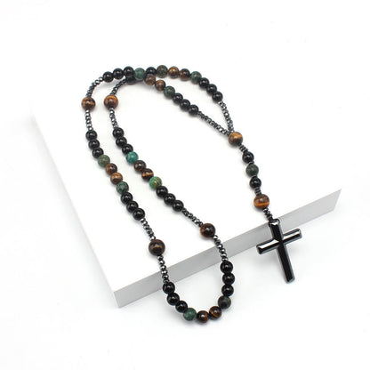 AMUSOUL 8mm African Turquoise & Yellow Tiger Eye Stone Prayer Rosary