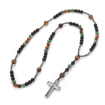 AMUSOUL 8mm African Turquoise & Yellow Tiger Eye Stone Prayer Rosary