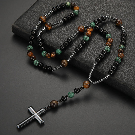 AMUSOUL 8mm African Turquoise & Yellow Tiger Eye Stone Prayer Rosary