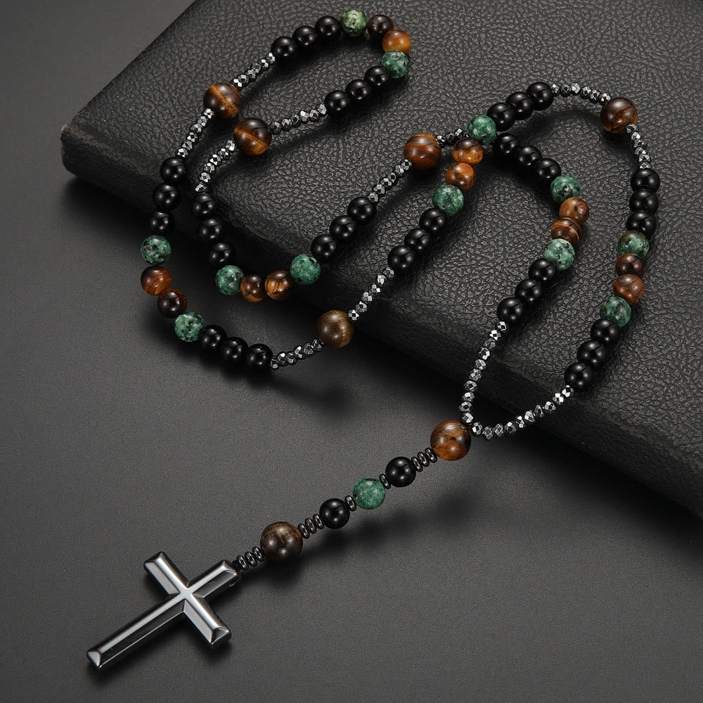 AMUSOUL 8mm African Turquoise & Yellow Tiger Eye Stone Prayer Rosary