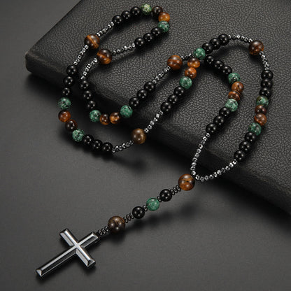 AMUSOUL 8mm African Turquoise & Yellow Tiger Eye Stone Prayer Rosary