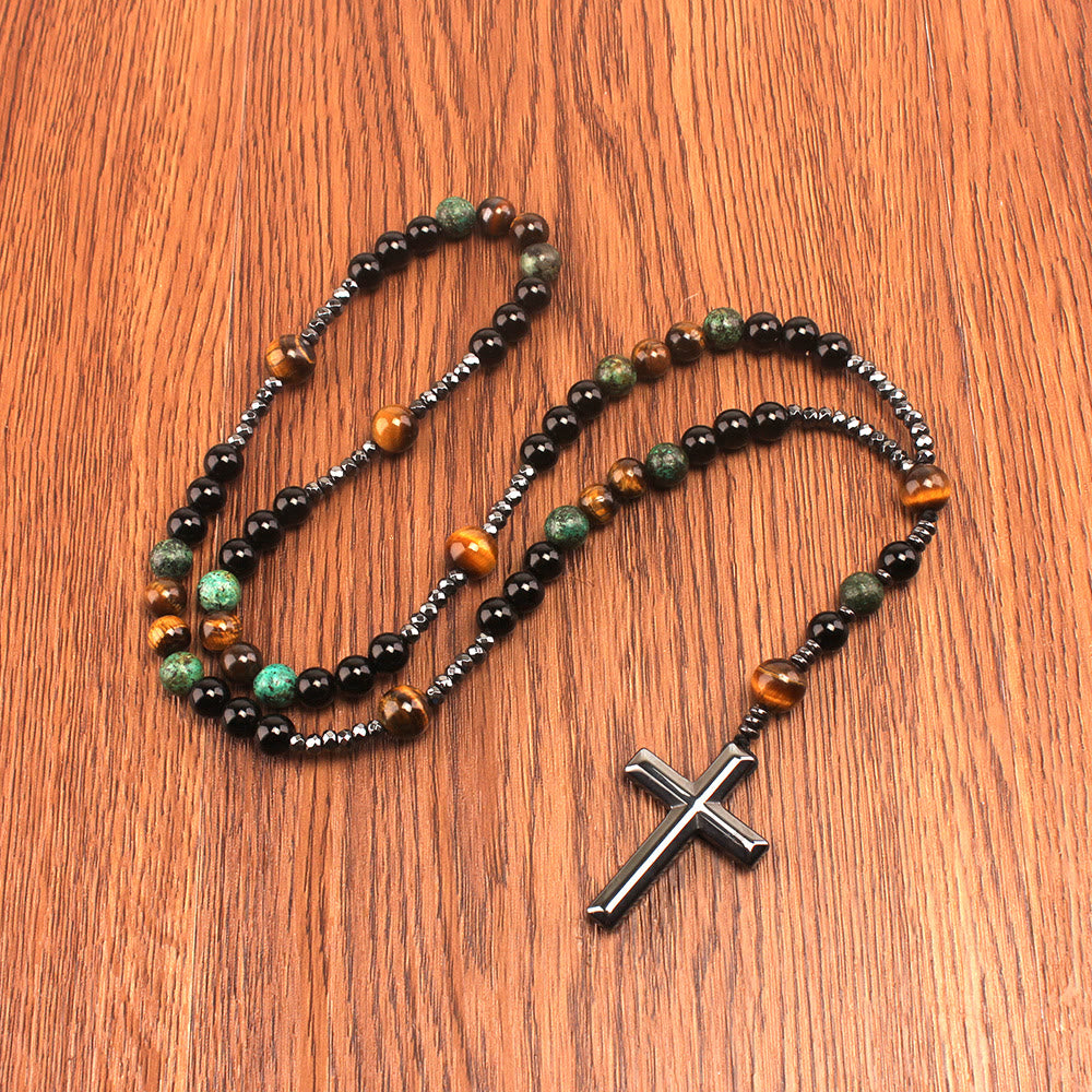AMUSOUL 8mm African Turquoise & Yellow Tiger Eye Stone Prayer Rosary