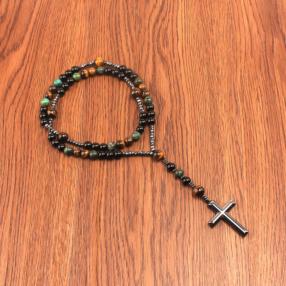 AMUSOUL 8mm African Turquoise & Yellow Tiger Eye Stone Prayer Rosary