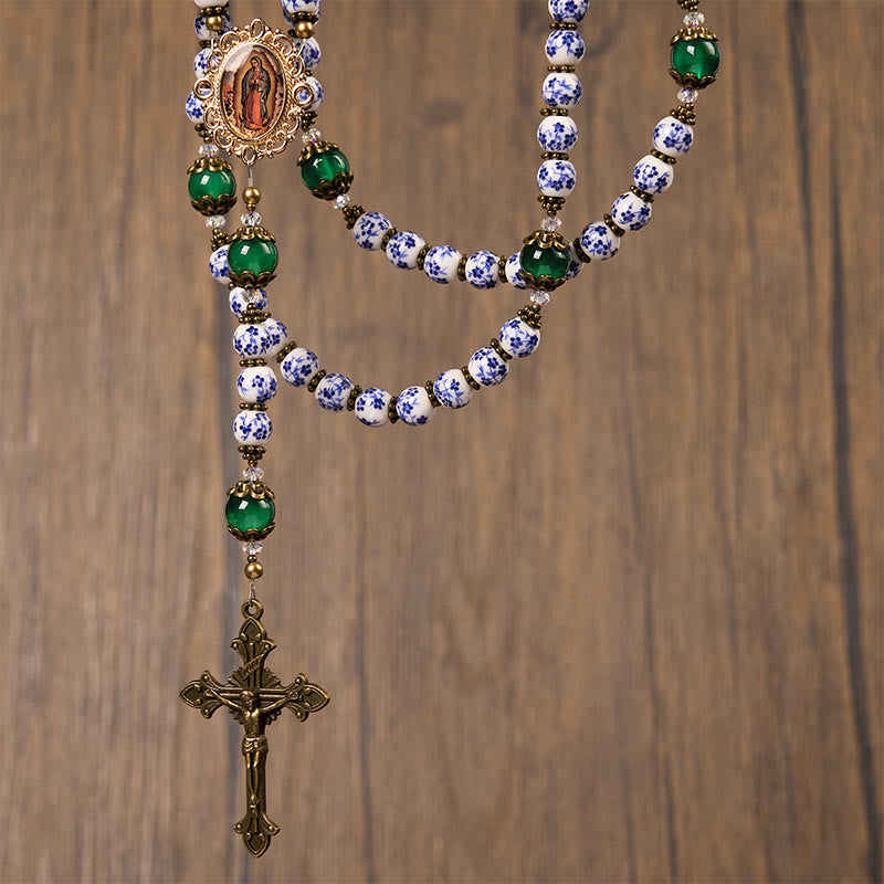 AMUSOUL Divine Serenity Handmade Floral Rosary: Our Lady of Guadalupe & Crucifix of 8mm Ceramics&Jade