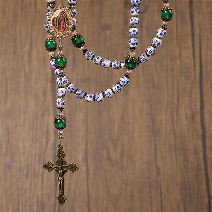 AMUSOUL Divine Serenity Handmade Floral Rosary: Our Lady of Guadalupe & Crucifix of 8mm Ceramics&Jade