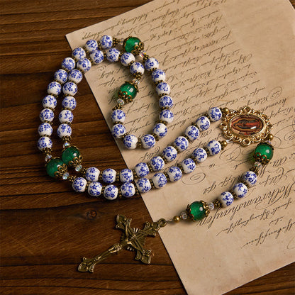 AMUSOUL Divine Serenity Handmade Floral Rosary: Our Lady of Guadalupe & Crucifix of 8mm Ceramics&Jade