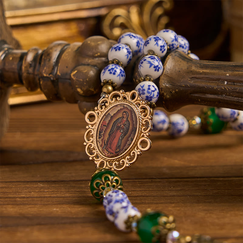 AMUSOUL Divine Serenity Handmade Floral Rosary: Our Lady of Guadalupe & Crucifix of 8mm Ceramics&Jade